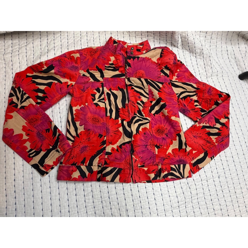 Ivy Jane Red Floral Zebra Print Zip Up Mock Neck Jacket Small